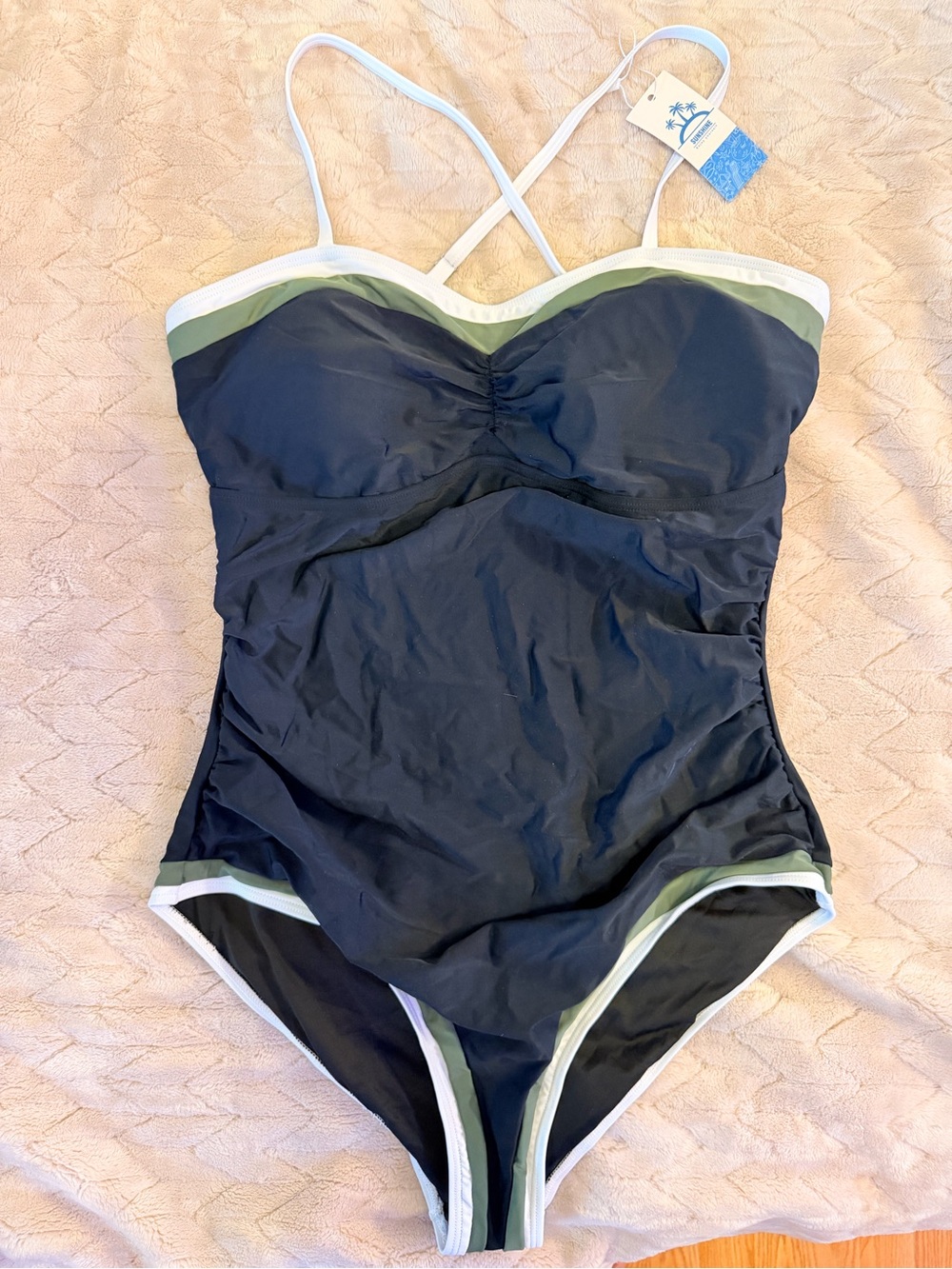 Black One-Piece Swimsuit with Olive & White Trim